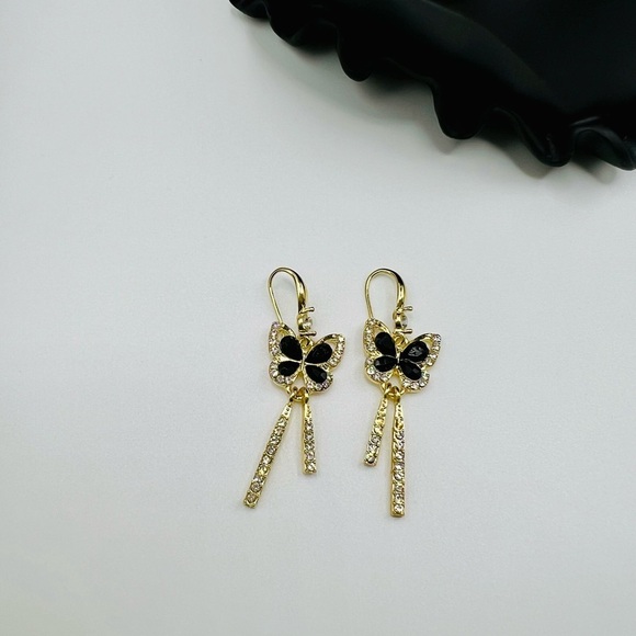 Crystal Studded Gold Butterfly Dangle Earrings in Black and Gold - Picture 10 of 10